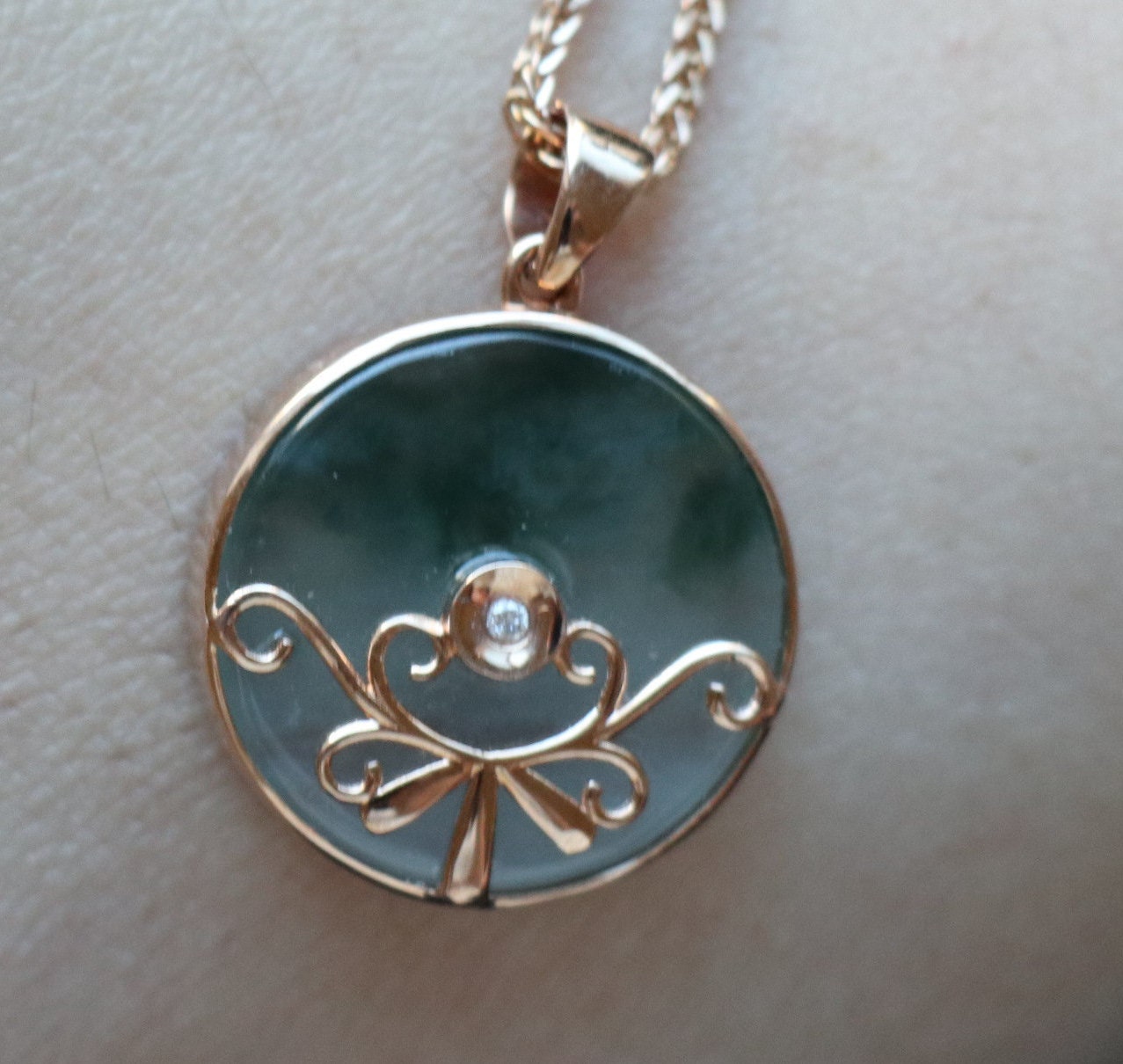 Ice Green Bi-color Round Jade Pendant, 18 K Rose gold with diamond, Grade A Jade Pendant