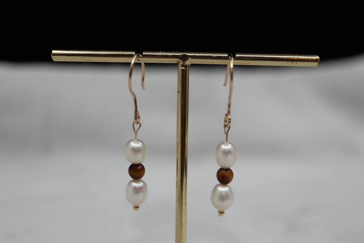 Gold Earrings, Real Pearl Earrings, Natural Tiger Eye Stone, Drop Earrings, Earrings, Simple Earrings