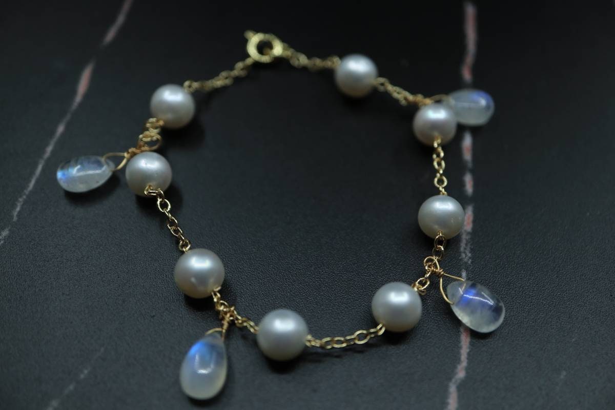Dainty Moonstone Bracelet, 14K Gold Plate Chain, Pearl Bracelet