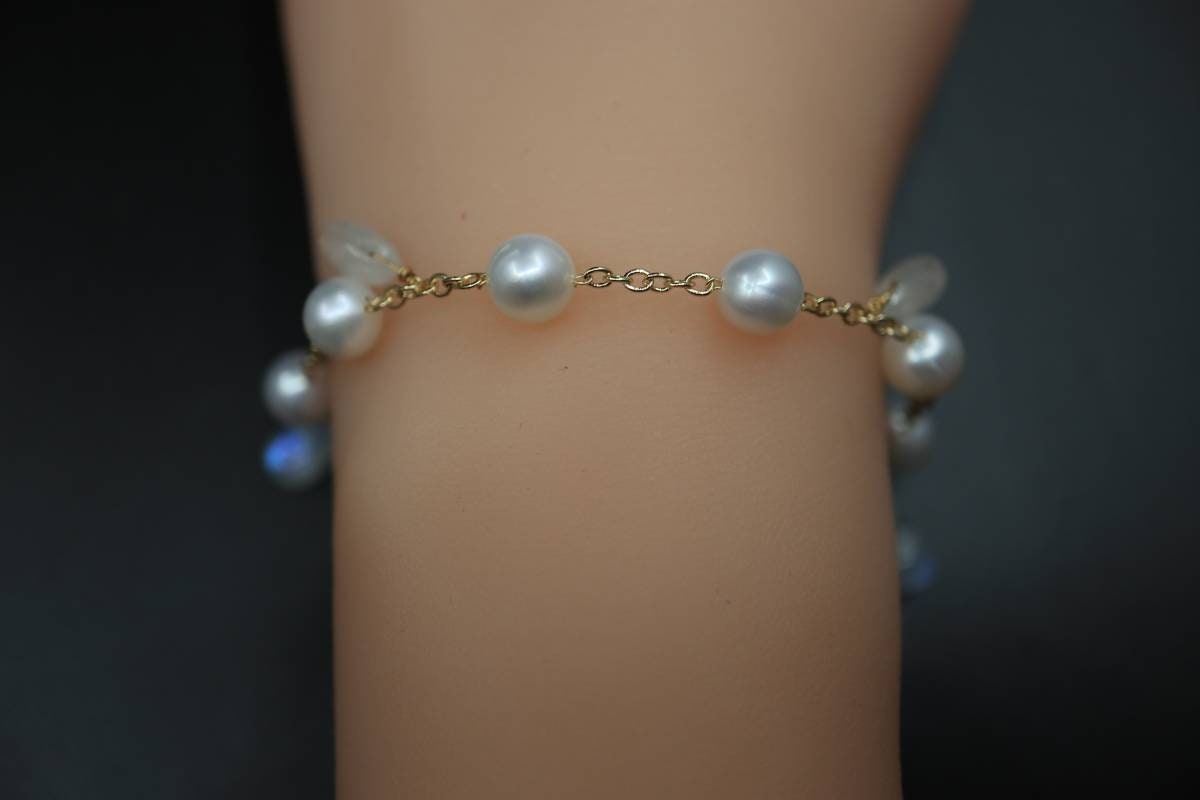 Dainty Moonstone Bracelet, 14K Gold Plate Chain, Pearl Bracelet