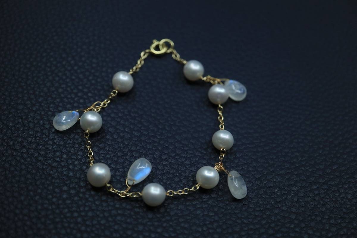 Dainty Moonstone Bracelet, 14K Gold Plate Chain, Pearl Bracelet