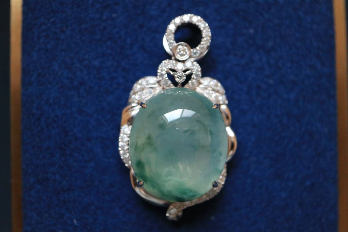 Bi-color Ice Transparent Jade Pendant, Burmese Jade Pendant, 18K White Gold Jade Pendant, Diamond Pendant, Natural Jade, Non-treated Jade
