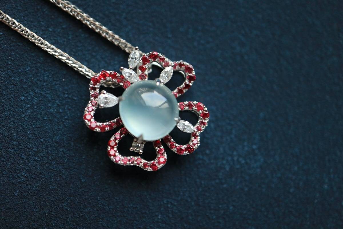 Ruby Diamond Pendant, Burmese Jade Pendant, 18K White Gold Pendant, Four Leaves Lucky Pendant, High Quality Jade Pedant, Women's Jewelry