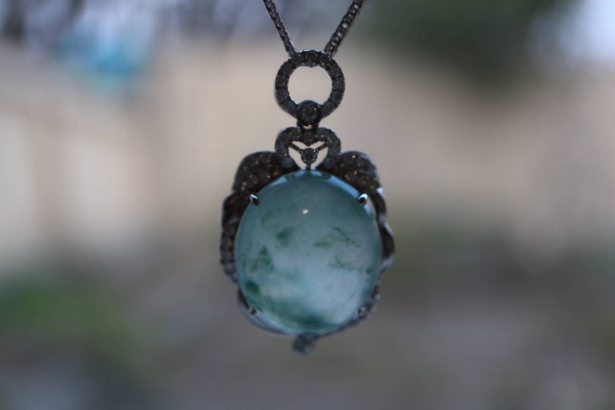 Bi-color Ice Transparent Jade Pendant, Burmese Jade Pendant, 18K White Gold Jade Pendant, Diamond Pendant, Natural Jade, Non-treated Jade