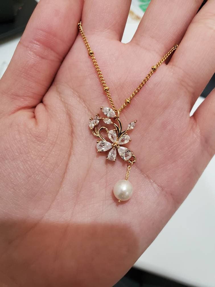 Gold Plated Peony Pendant with Bead Chain Necklace