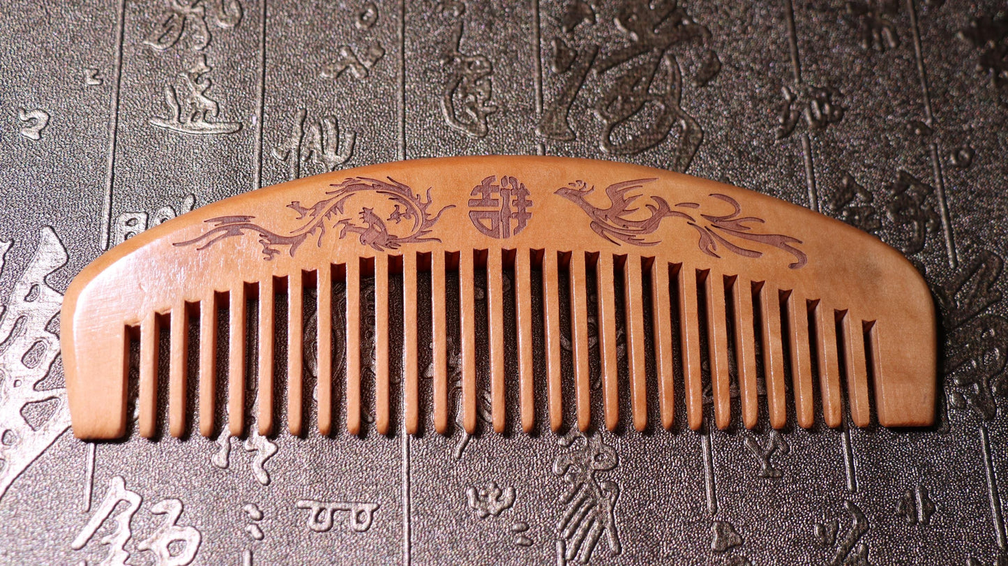 Peach Wood Comb, Marriage Custom Comb, Scalp Health, Massage Comb, Dragon and Phoenix
