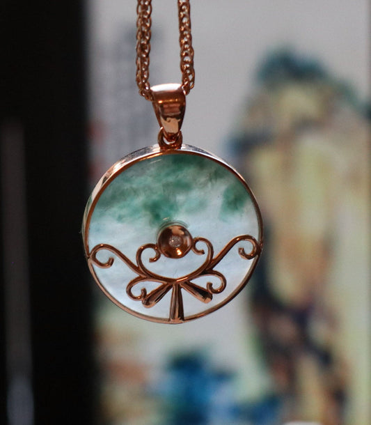 Ice Green Bi-color Round Jade Pendant, 18 K Rose gold with diamond, Grade A Jade Pendant