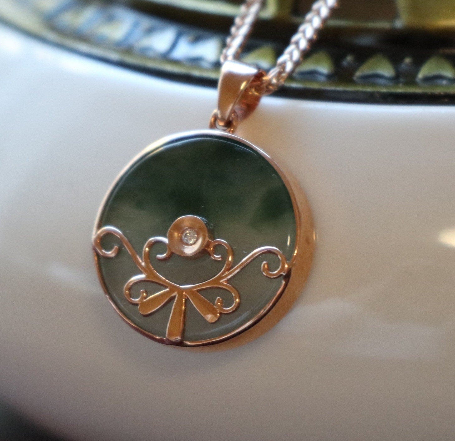 Ice Green Bi-color Round Jade Pendant, 18 K Rose gold with diamond, Grade A Jade Pendant