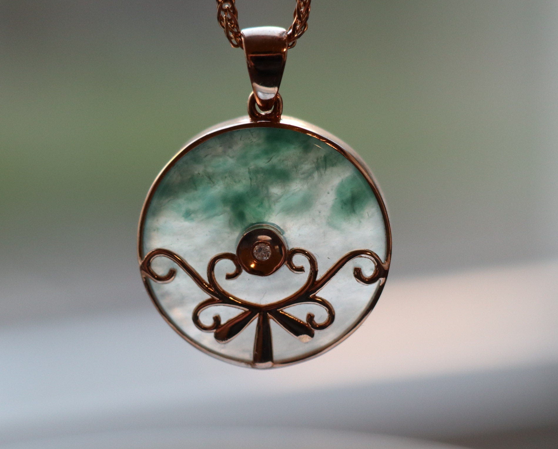 Ice Green Bi-color Round Jade Pendant, 18 K Rose gold with diamond, Grade A Jade Pendant