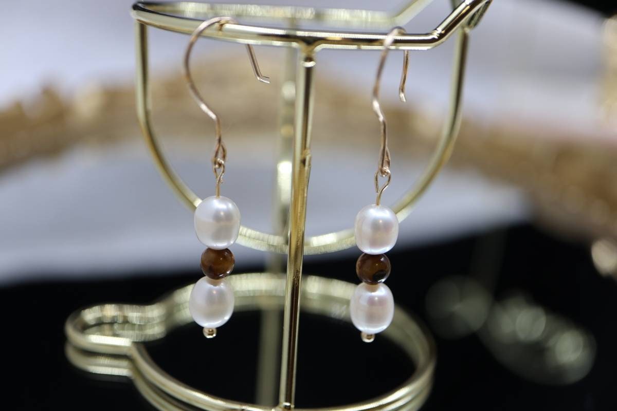 Gold Earrings, Real Pearl Earrings, Natural Tiger Eye Stone, Drop Earrings, Earrings, Simple Earrings