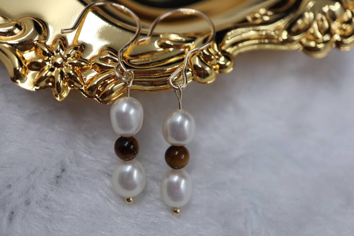 Gold Earrings, Real Pearl Earrings, Natural Tiger Eye Stone, Drop Earrings, Earrings, Simple Earrings