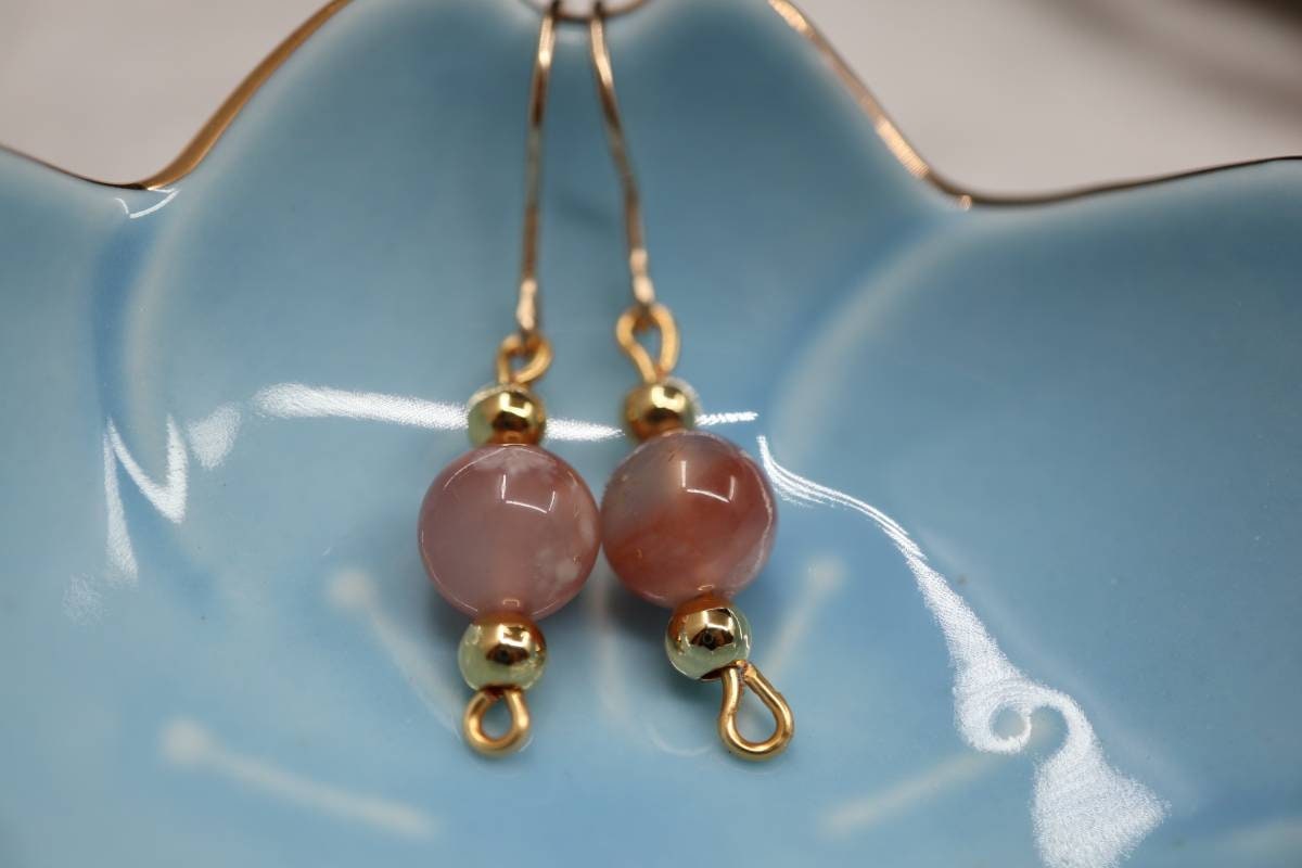 Earrings, Gold Earrings, Dangling Earrings, Natural Crystal Earrings, Cherry Blossom Agate Dangling Earrings, Birthday Gift