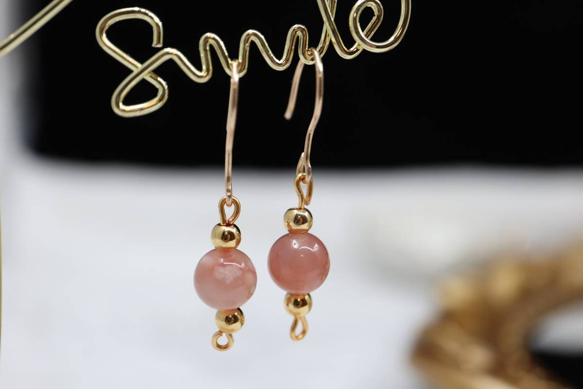 Earrings, Gold Earrings, Dangling Earrings, Natural Crystal Earrings, Cherry Blossom Agate Dangling Earrings, Birthday Gift