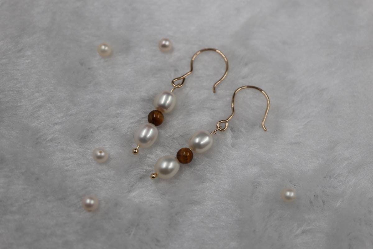 Gold Earrings, Real Pearl Earrings, Natural Tiger Eye Stone, Drop Earrings, Earrings, Simple Earrings