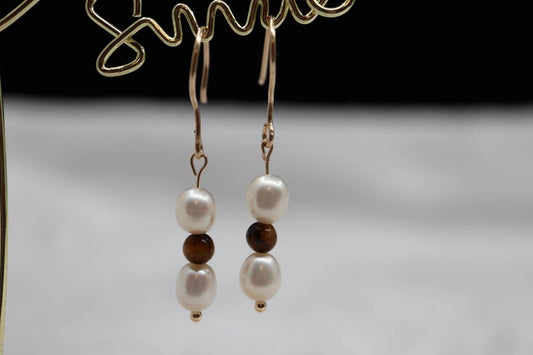 Gold Earrings, Real Pearl Earrings, Natural Tiger Eye Stone, Drop Earrings, Earrings, Simple Earrings