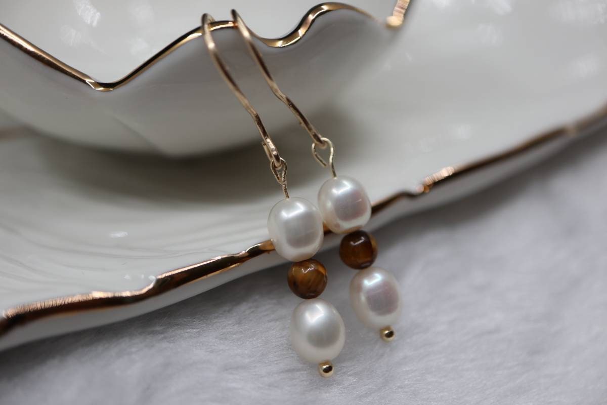 Gold Earrings, Real Pearl Earrings, Natural Tiger Eye Stone, Drop Earrings, Earrings, Simple Earrings