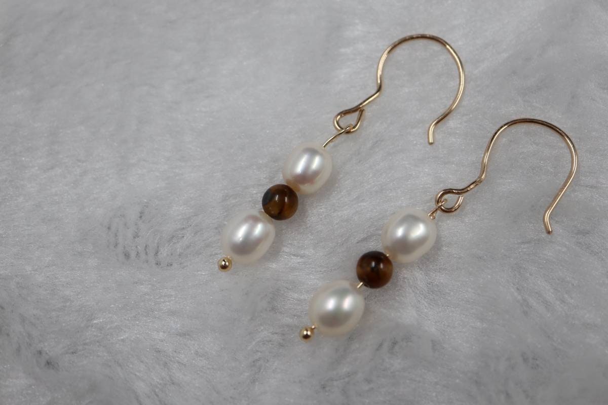 Gold Earrings, Real Pearl Earrings, Natural Tiger Eye Stone, Drop Earrings, Earrings, Simple Earrings