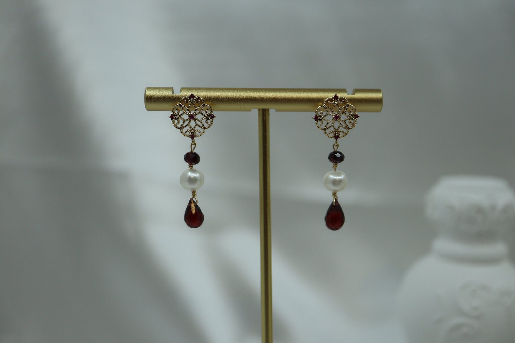 Vintage Earrings, Dangling Earring, Real Pearl Earrings, Garnet Earrings, Wedding Earrings, Earrings, Hand Made Earrings, Birthday Gift