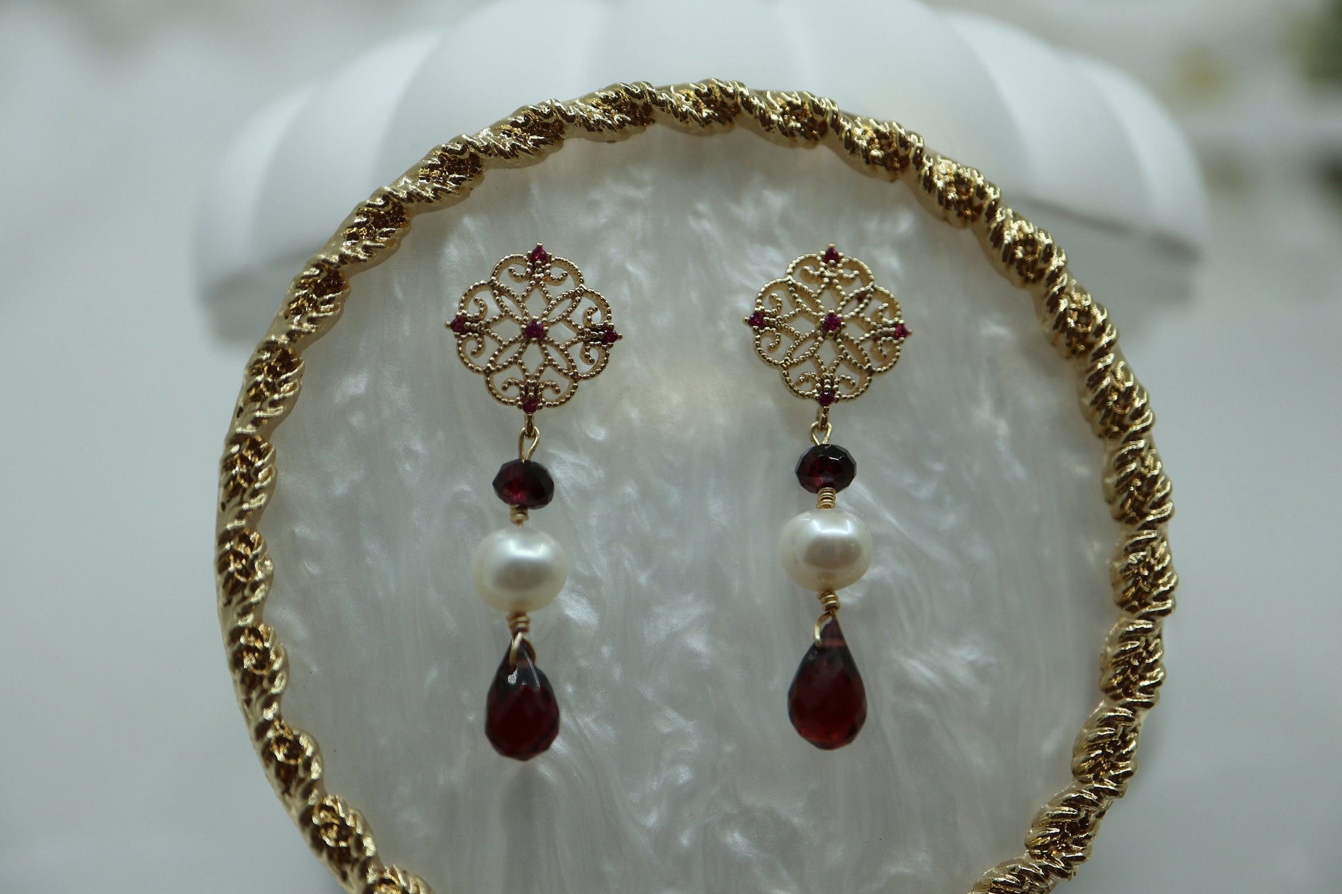Vintage Earrings, Dangling Earring, Real Pearl Earrings, Garnet Earrings, Wedding Earrings, Earrings, Hand Made Earrings, Birthday Gift