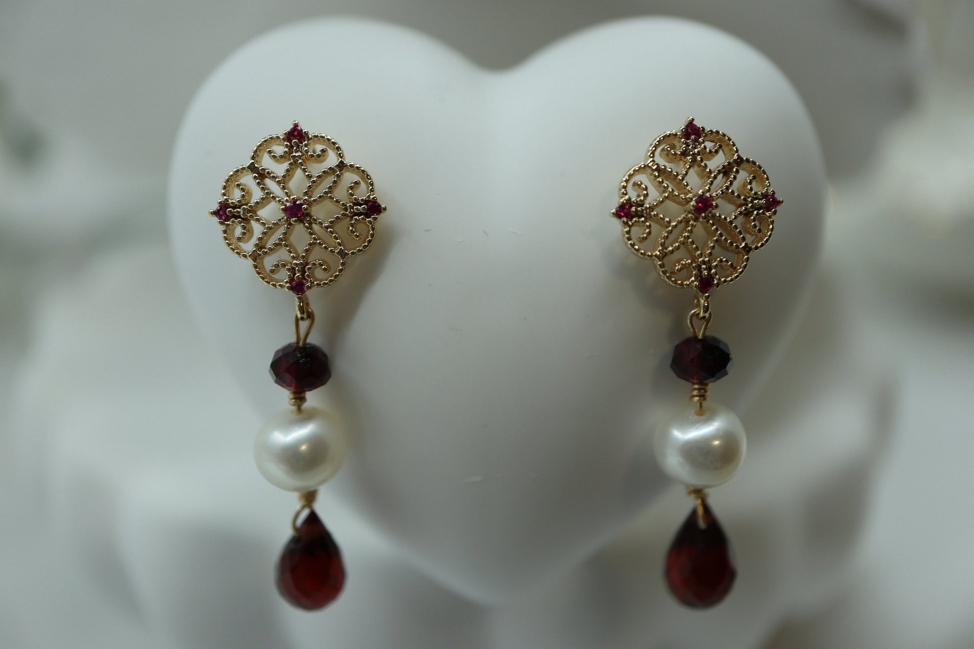 Vintage Earrings, Dangling Earring, Real Pearl Earrings, Garnet Earrings, Wedding Earrings, Earrings, Hand Made Earrings, Birthday Gift