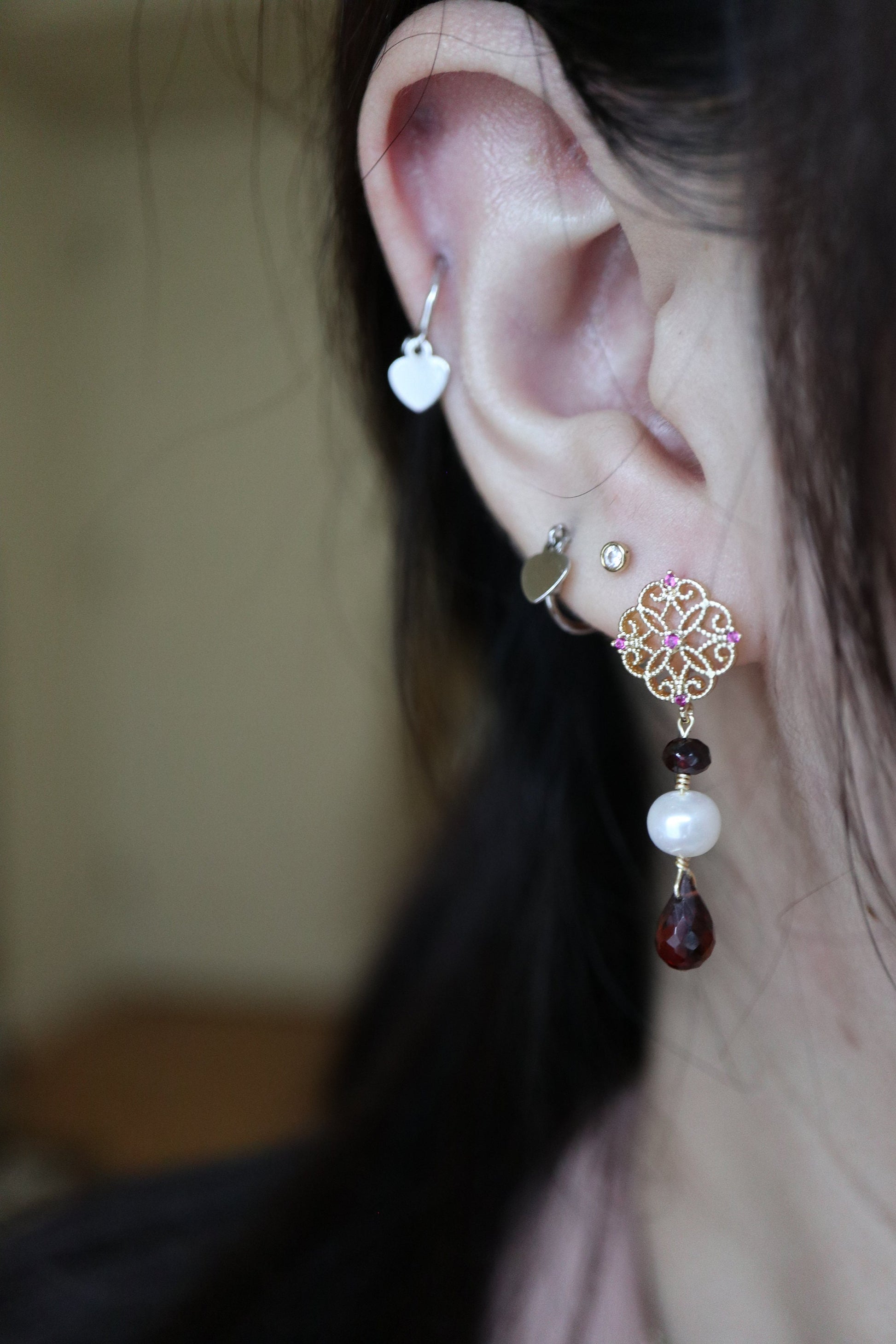 Vintage Earrings, Dangling Earring, Real Pearl Earrings, Garnet Earrings, Wedding Earrings, Earrings, Hand Made Earrings, Birthday Gift