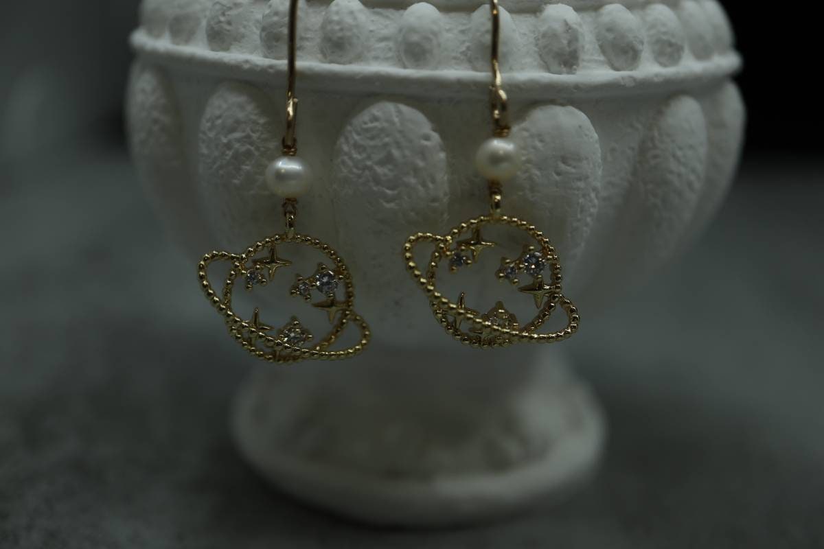 Planet Earrings, Pearl Earrings, Fashion Earrings, Handmade Earrings, 14k Gold Earrings