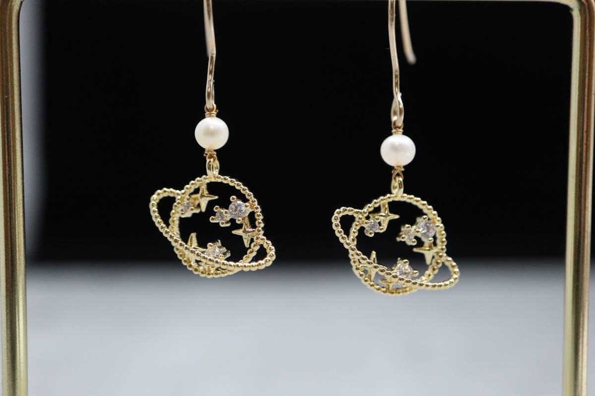 Planet Earrings, Pearl Earrings, Fashion Earrings, Handmade Earrings, 14k Gold Earrings