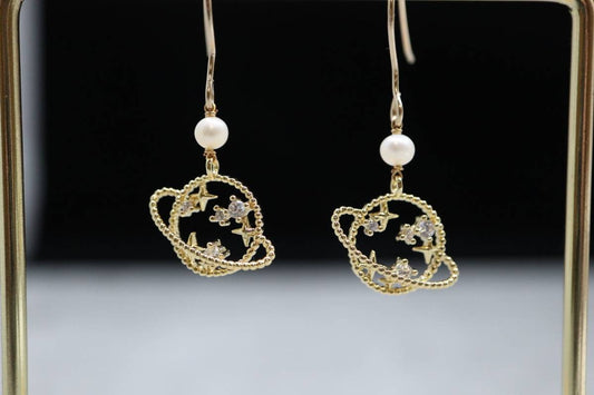 Planet Earrings, Pearl Earrings, Fashion Earrings, Handmade Earrings, 14k Gold Earrings