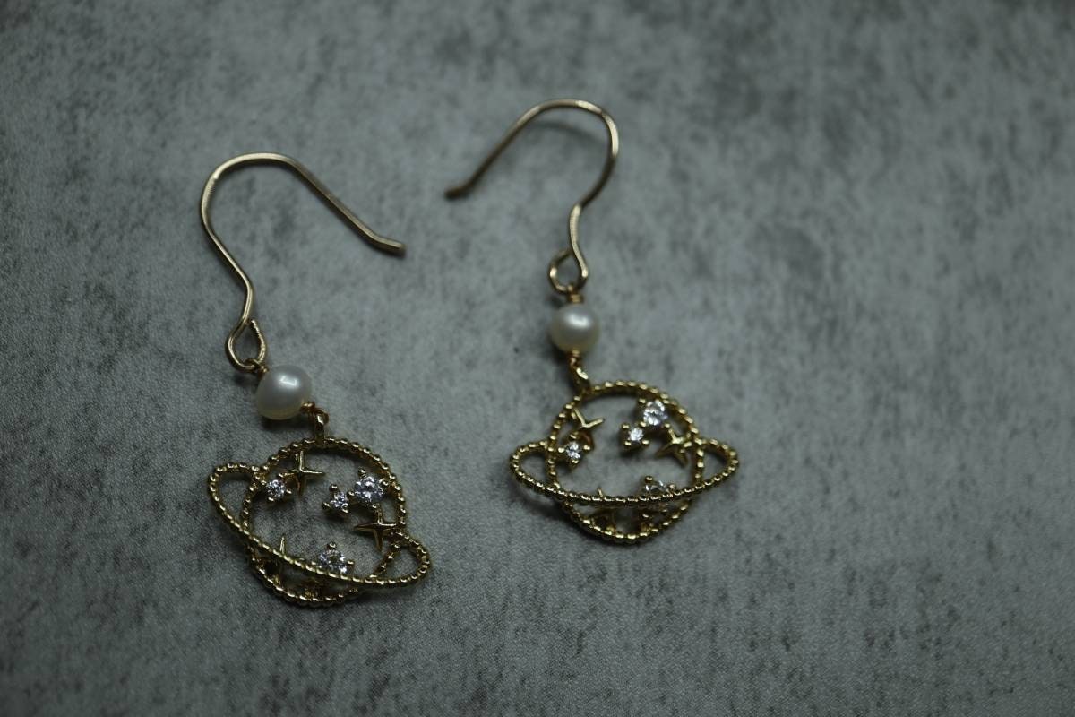 Planet Earrings, Pearl Earrings, Fashion Earrings, Handmade Earrings, 14k Gold Earrings