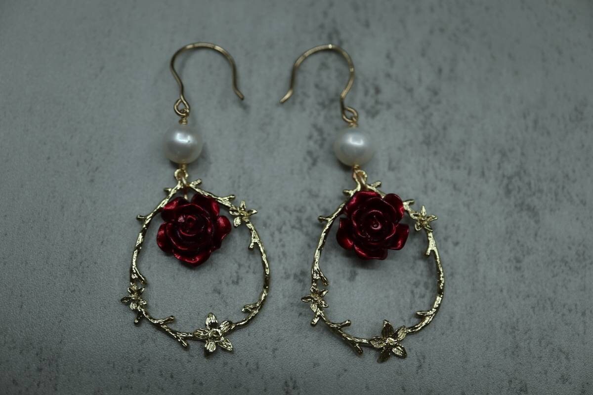 Vintage Earrings, Pearl Earrings, 14k Gold Earrings, Rose Earrings