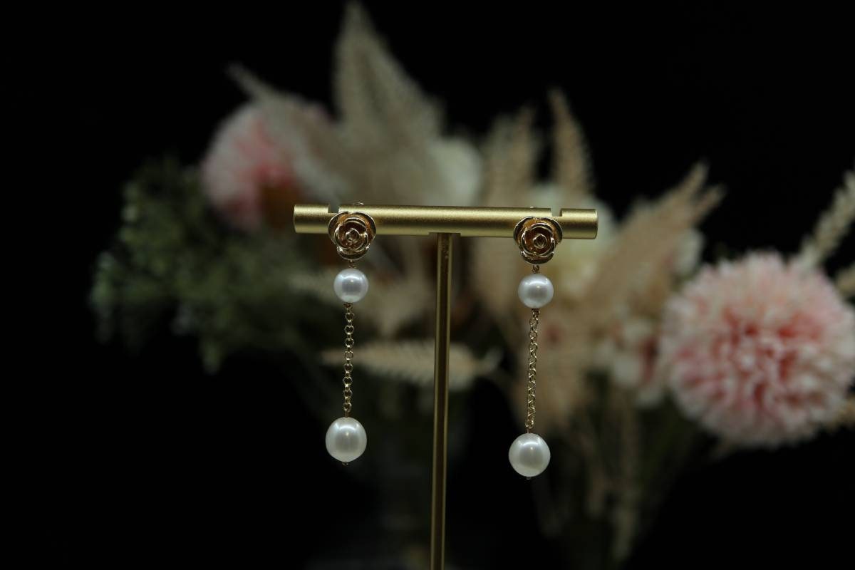 Rose Pearl Earrings, 14k Gold Earrings, Vintage Earrings