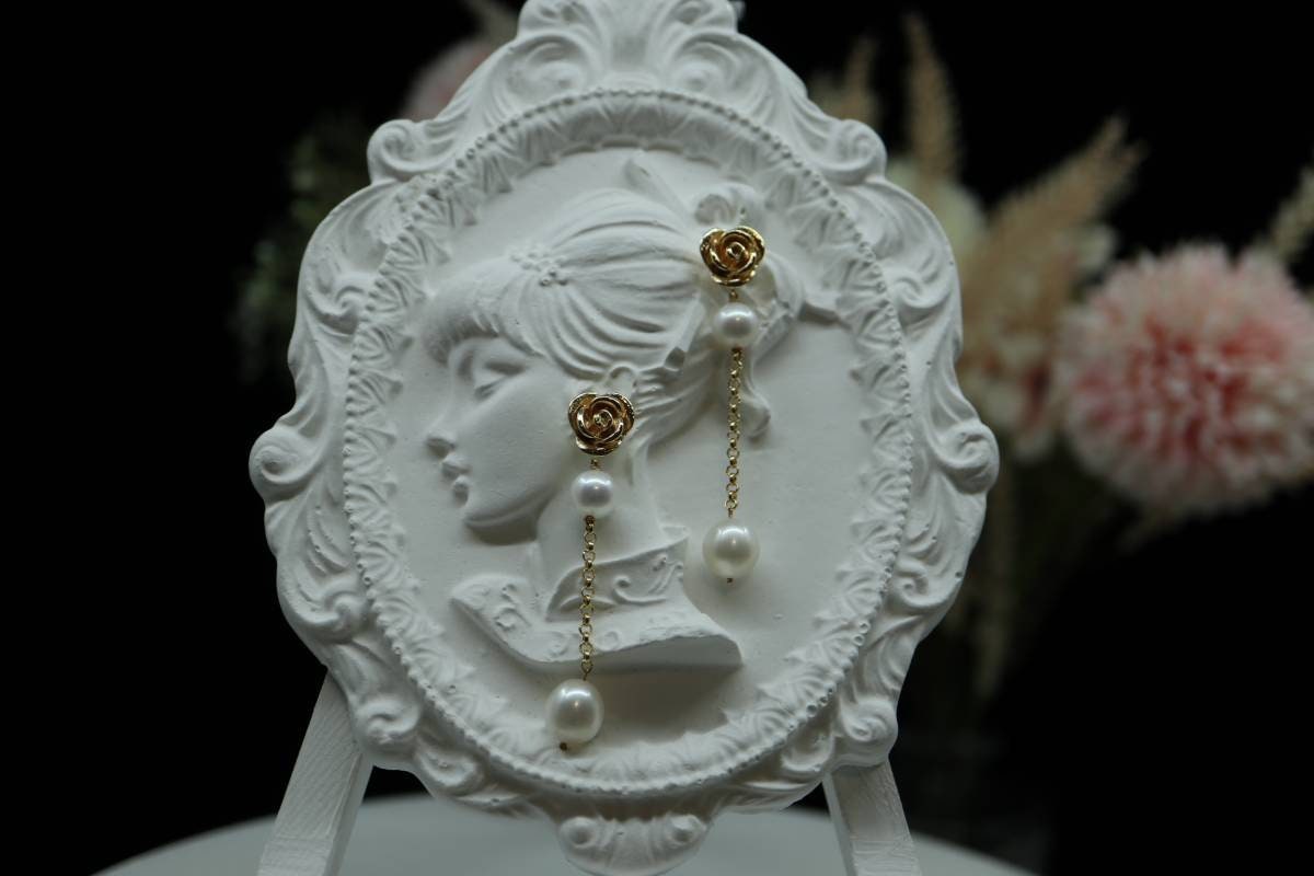 Rose Pearl Earrings, 14k Gold Earrings, Vintage Earrings