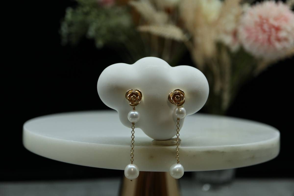 Rose Pearl Earrings, 14k Gold Earrings, Vintage Earrings