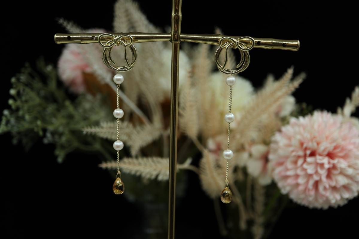 Citrine Pearl Earrings, Smoky Quartz Pearl Earrings, Bow Earrings