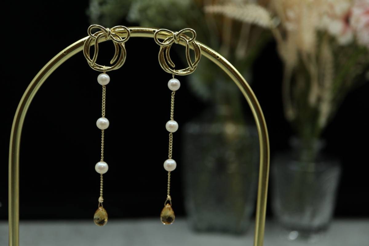 Citrine Pearl Earrings, Smoky Quartz Pearl Earrings, Bow Earrings