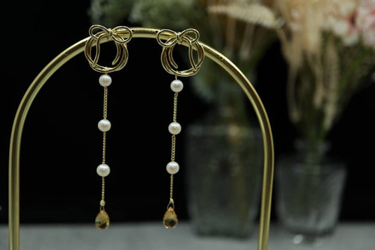 Citrine Pearl Earrings, Smoky Quartz Pearl Earrings, Bow Earrings