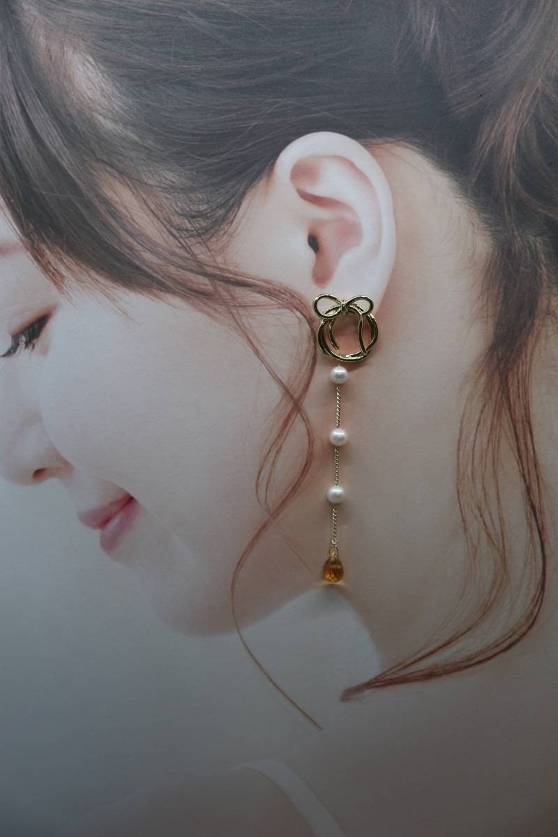 Citrine Pearl Earrings, Smoky Quartz Pearl Earrings, Bow Earrings