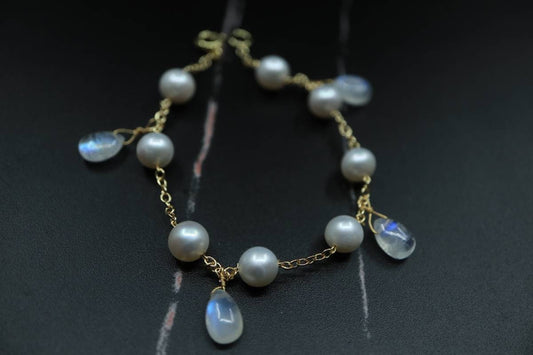 Dainty Moonstone Bracelet, 14K Gold Plate Chain, Pearl Bracelet