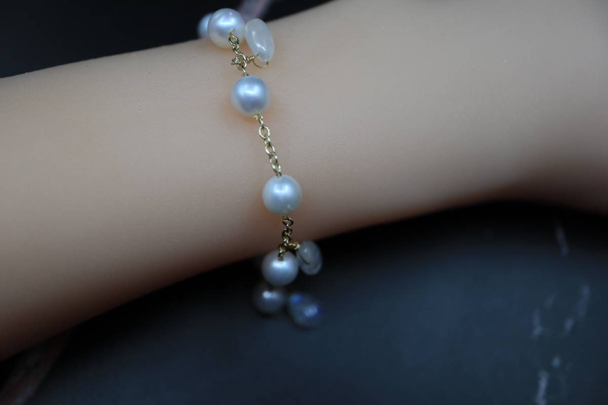 Dainty Moonstone Bracelet, 14K Gold Plate Chain, Pearl Bracelet