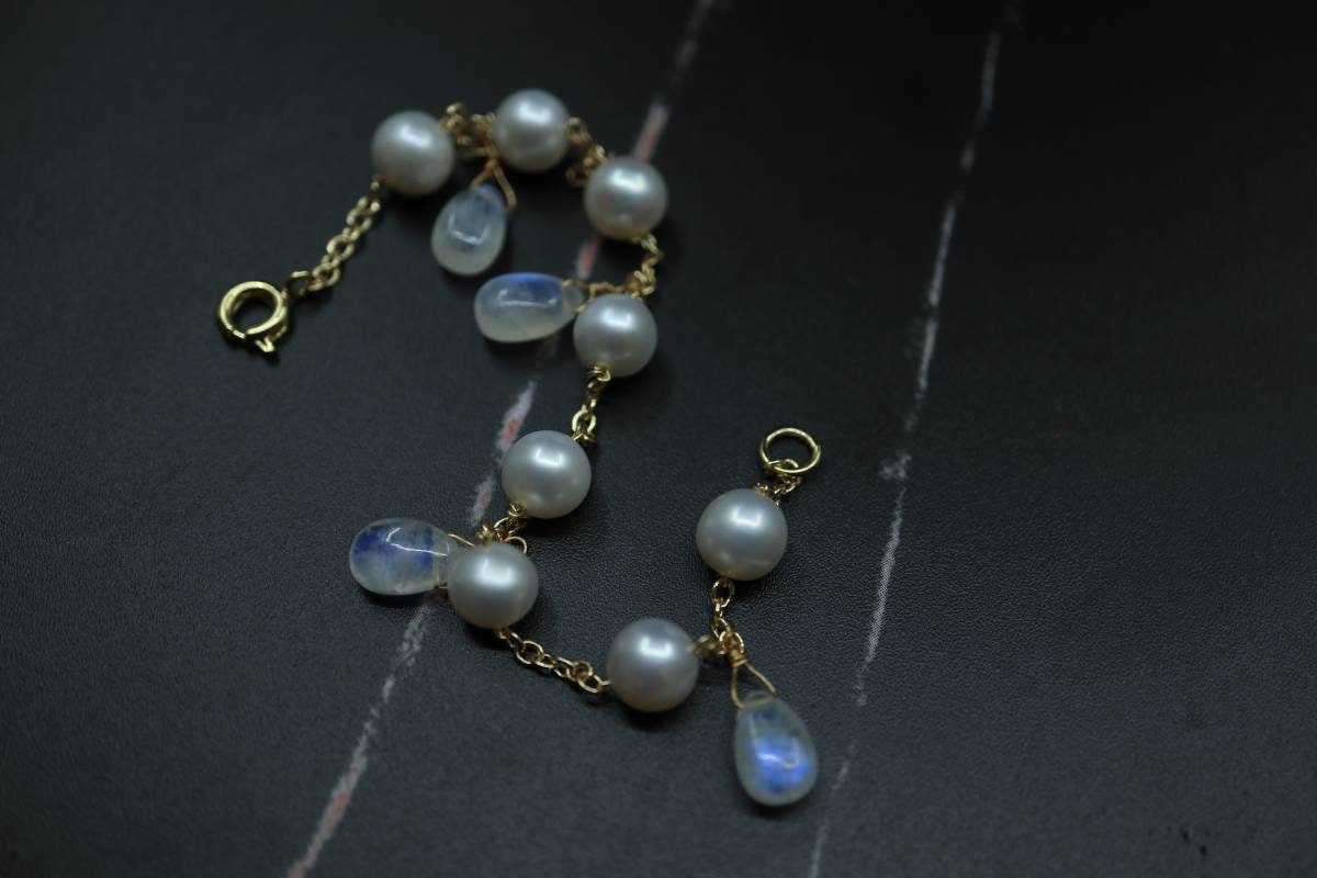 Dainty Moonstone Bracelet, 14K Gold Plate Chain, Pearl Bracelet