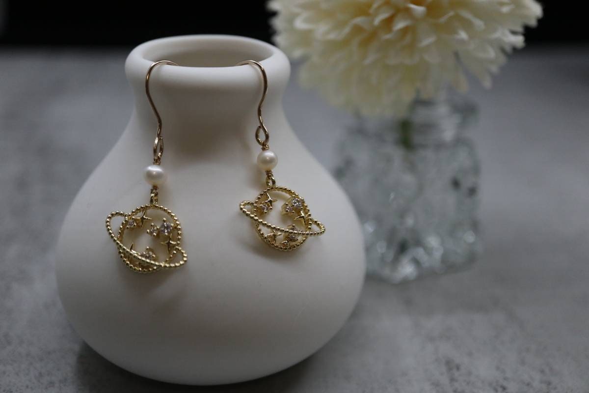 Planet Earrings, Pearl Earrings, Fashion Earrings, Handmade Earrings, 14k Gold Earrings