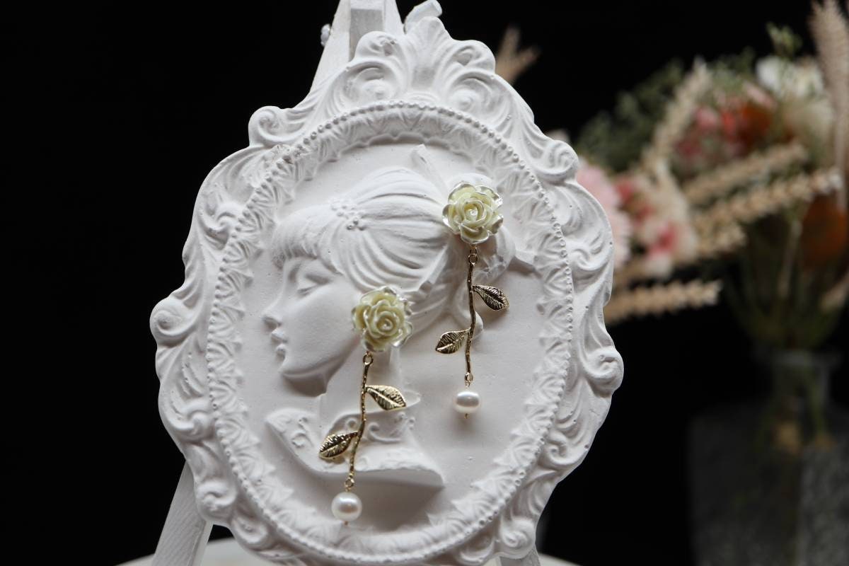 Rose Earrings, Earrings for women, Pearl Earrings, 925 silver needle