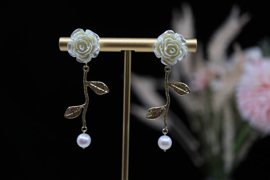 Rose Earrings, Earrings for women, Pearl Earrings, 925 silver needle
