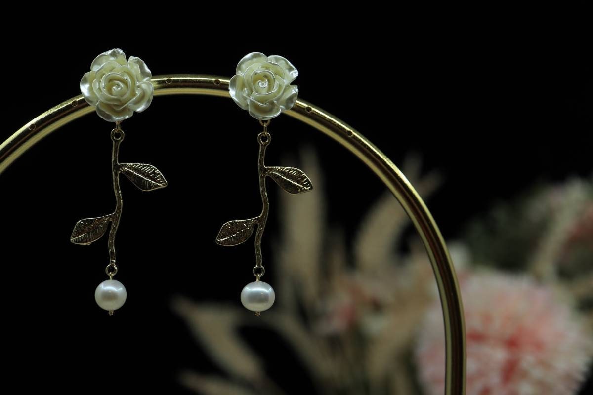 Rose Earrings, Earrings for women, Pearl Earrings, 925 silver needle