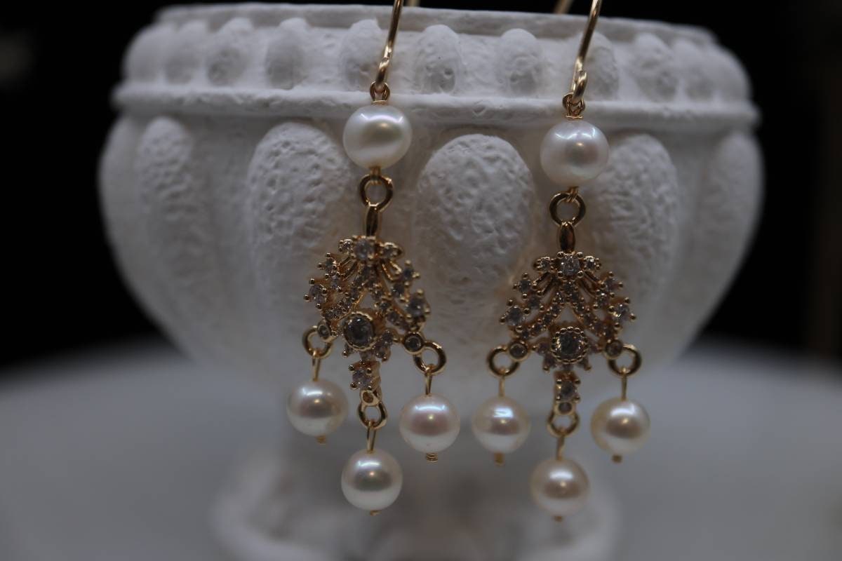 Vintage Earrings, Pearl Earrings, Chandelier Earrings, 14K Gold Earrings