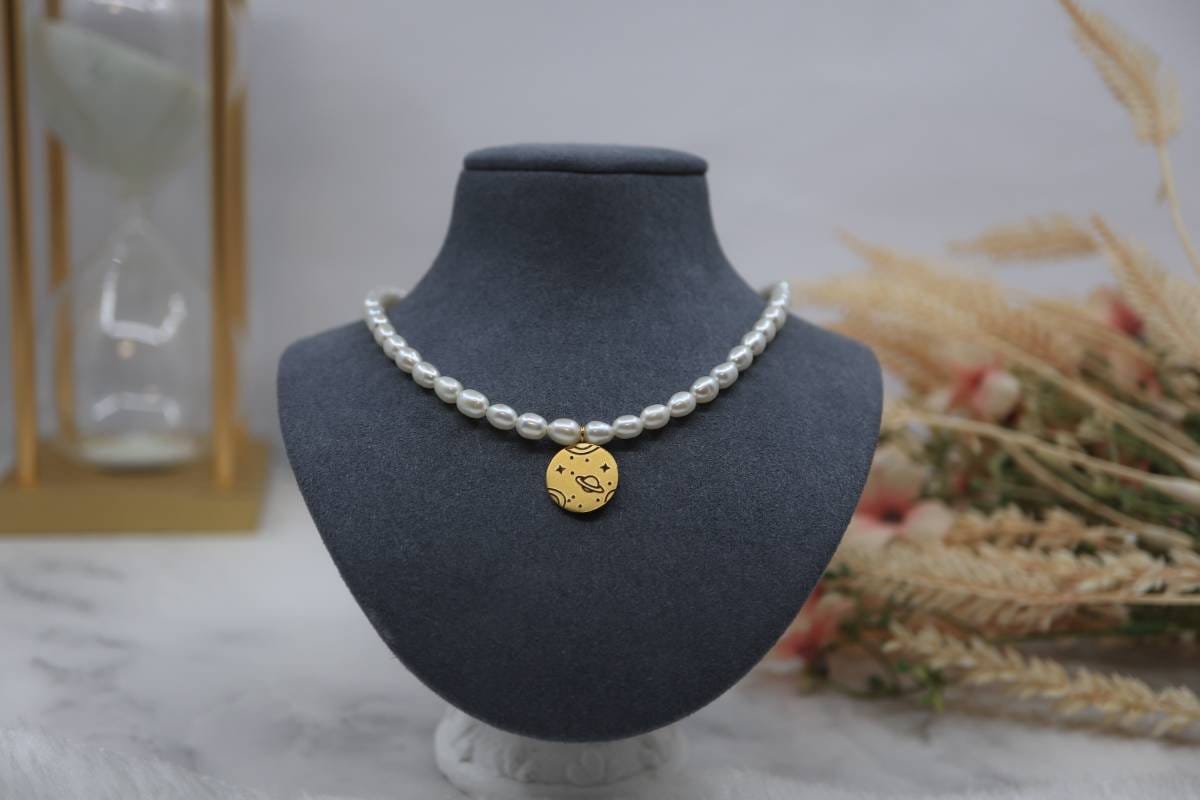 White Pearl Necklace, 18k Gold Planet pendant, Fashion Pearl Necklace