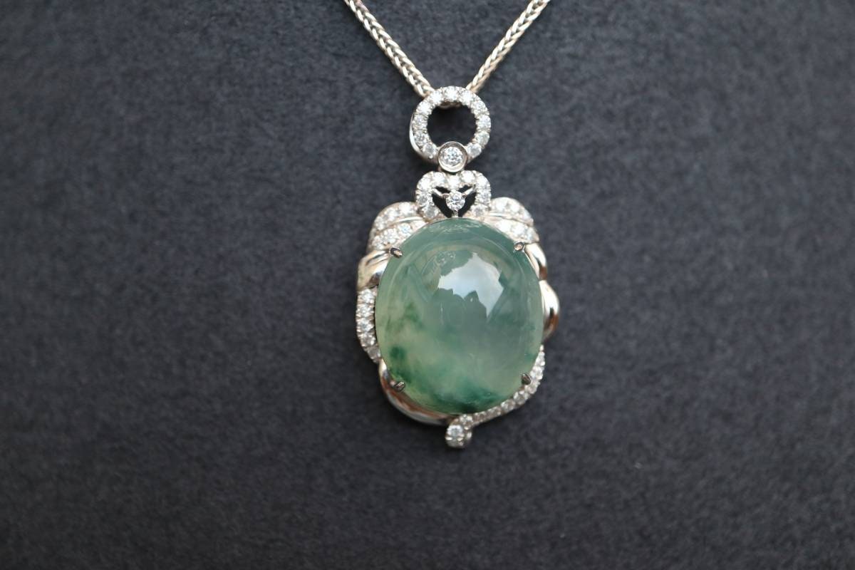 Bi-color Ice Transparent Jade Pendant, Burmese Jade Pendant, 18K White Gold Jade Pendant, Diamond Pendant, Natural Jade, Non-treated Jade