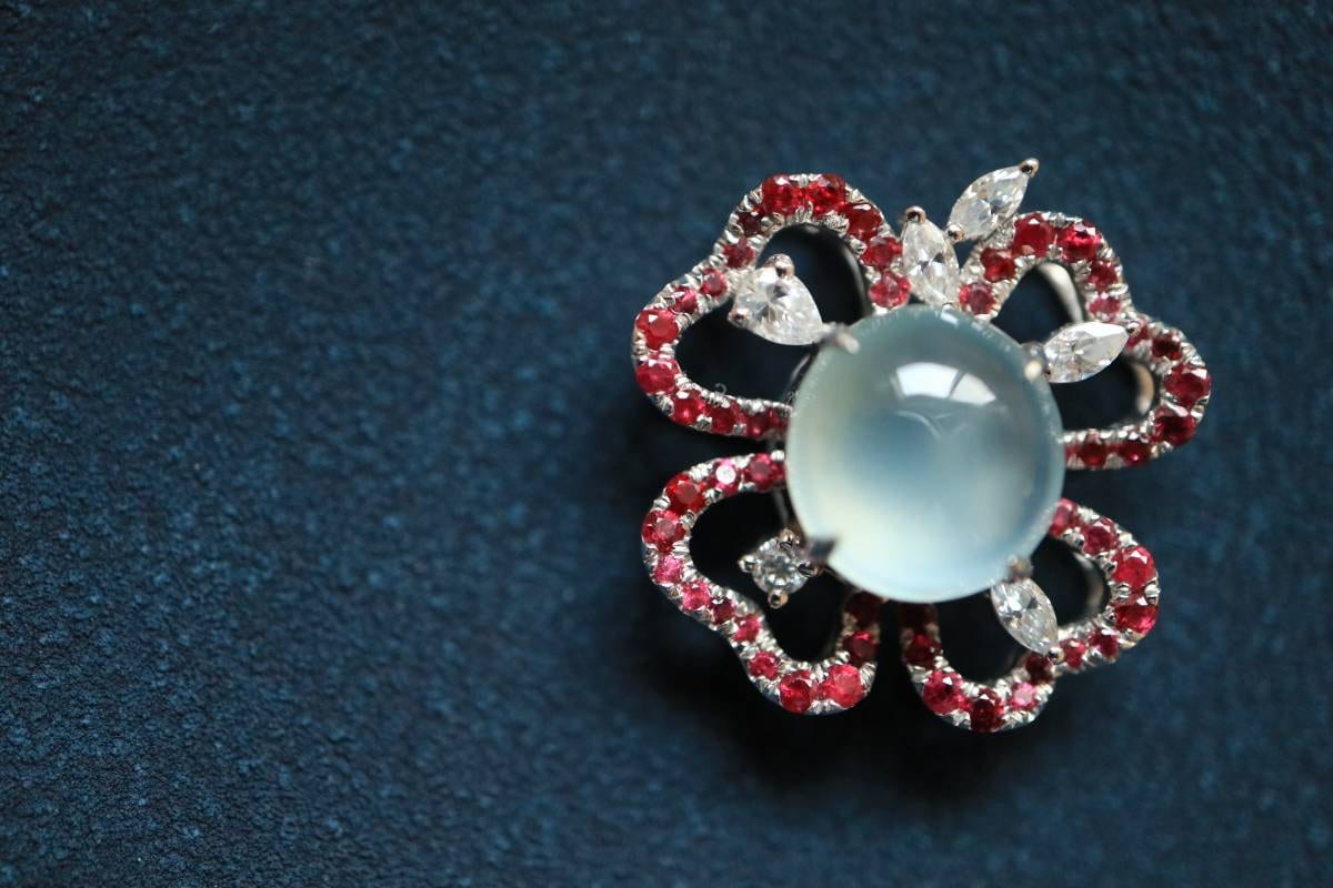 Ruby Diamond Pendant, Burmese Jade Pendant, 18K White Gold Pendant, Four Leaves Lucky Pendant, High Quality Jade Pedant, Women's Jewelry