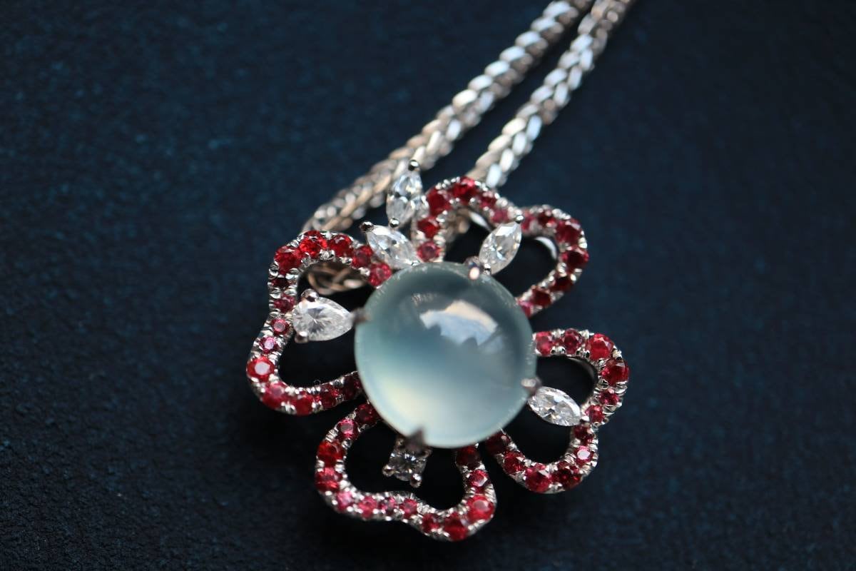 Ruby Diamond Pendant, Burmese Jade Pendant, 18K White Gold Pendant, Four Leaves Lucky Pendant, High Quality Jade Pedant, Women's Jewelry