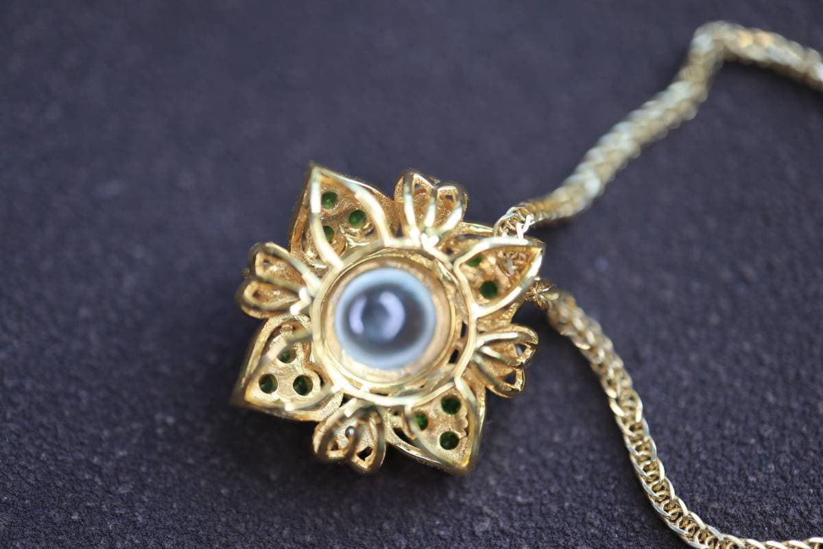 Glass Transparent Natural Jade Pendant, 18k Yellow Gold Pendant, Vintage Style with Tsavorite Stone